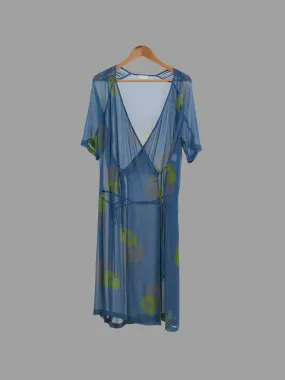 Dries Van Noten blue sheer silk wrap dress with lime floral print - size 40