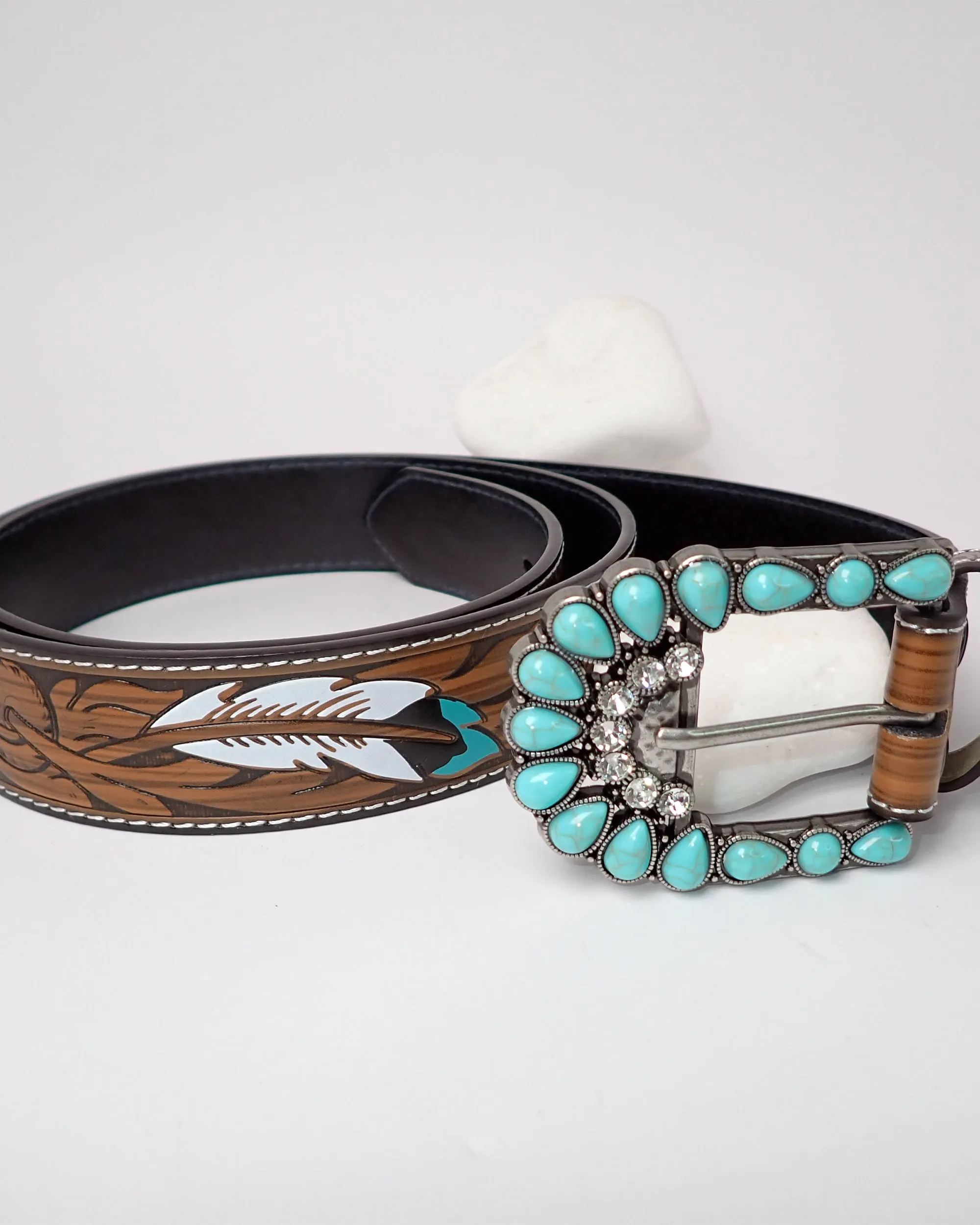 Feather embossed western style belt 3915 - حزام