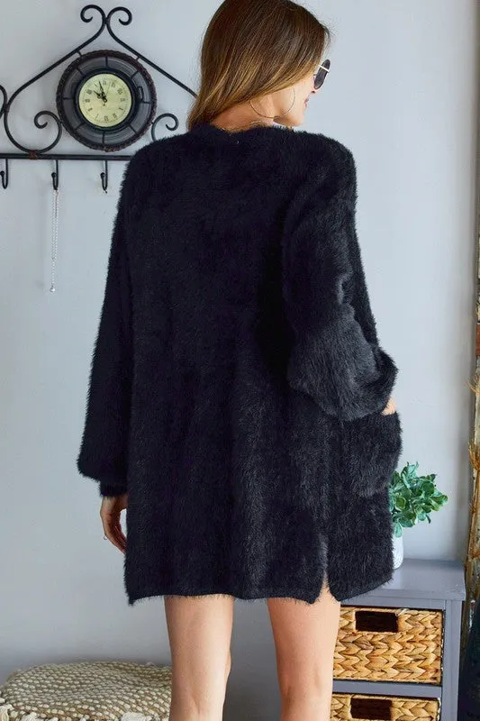 Fuzzy Solid Open Front Cardigan with Pockets