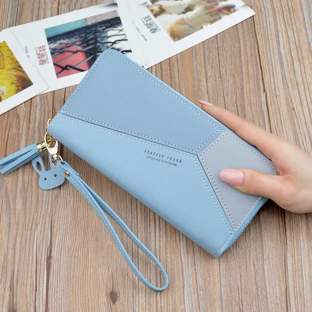 Geometric Luxury Brand Women Leather Wallets Long Zipper Tassel Design Coin Purses Clutch Female Patchwork Credit Card Holder