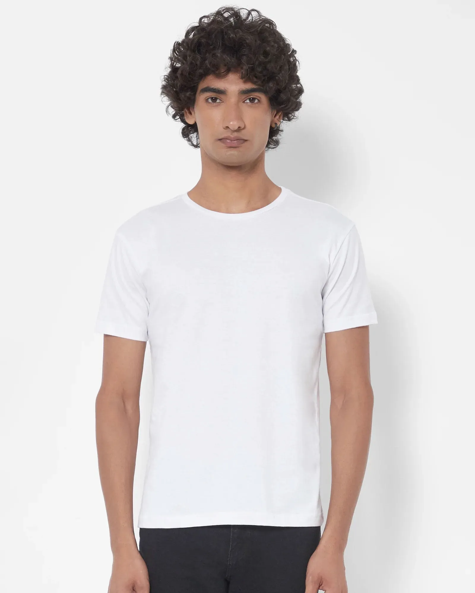 Half Sleeves Crew Neck: Solid White