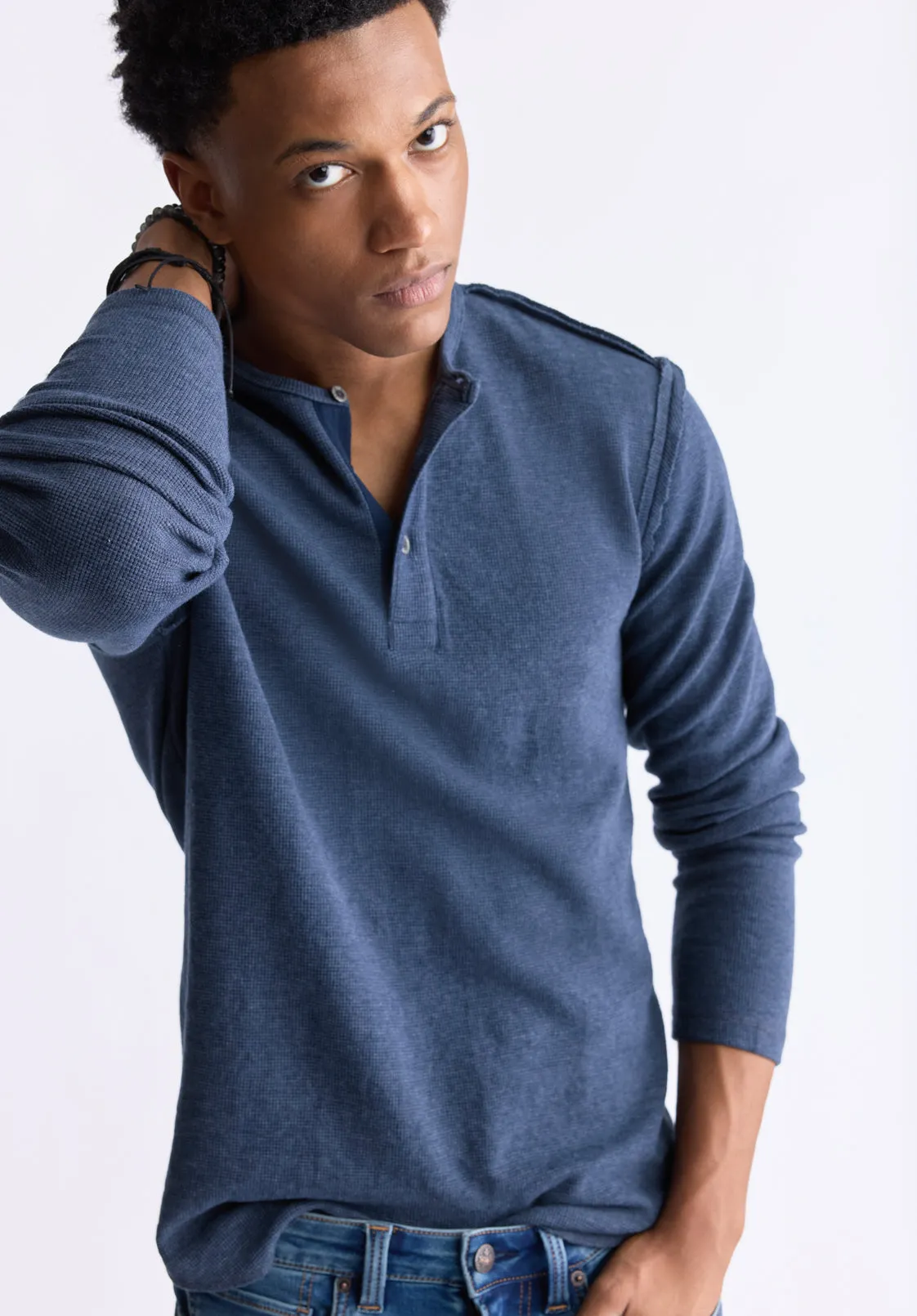 Kipato Men's Long-Sleeved Henley Top, Whale - BM24434