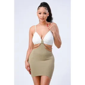 Multi Fabric Bralette Side Cutout With Gold Chain Zipper Closure Back Bodycon Mini Dress