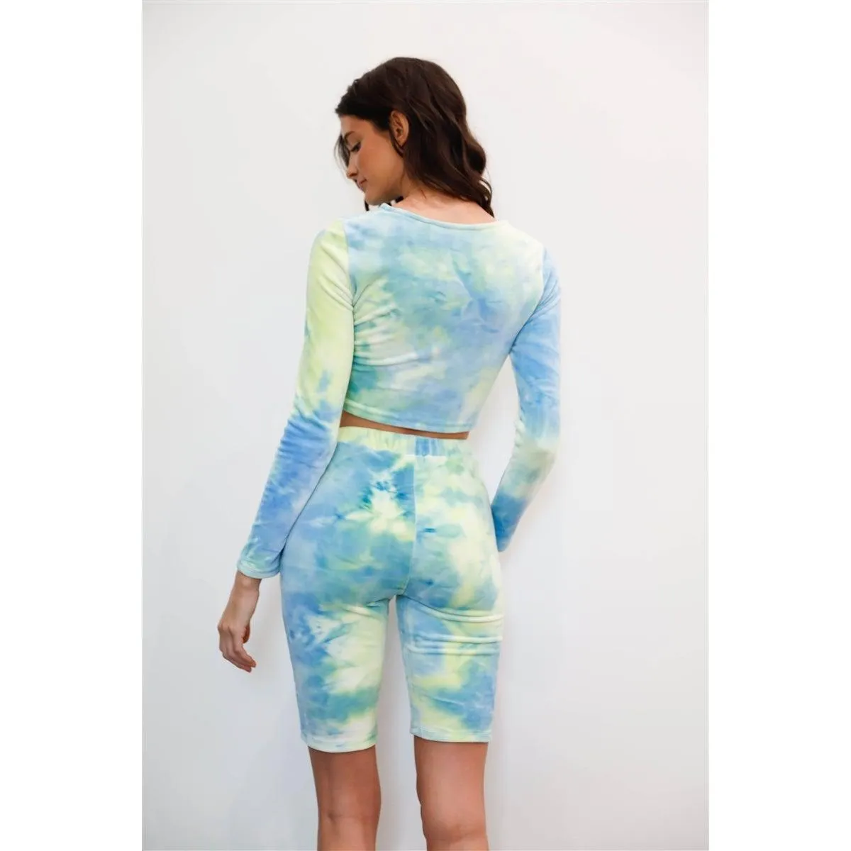 Multicolor Tie-dye Velvet Cropped Long Sleeve Top & Bike Shorts Set