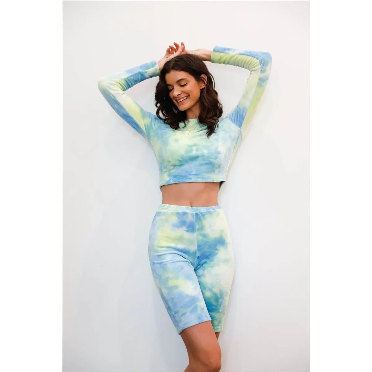 Multicolor Tie-dye Velvet Cropped Long Sleeve Top & Bike Shorts Set