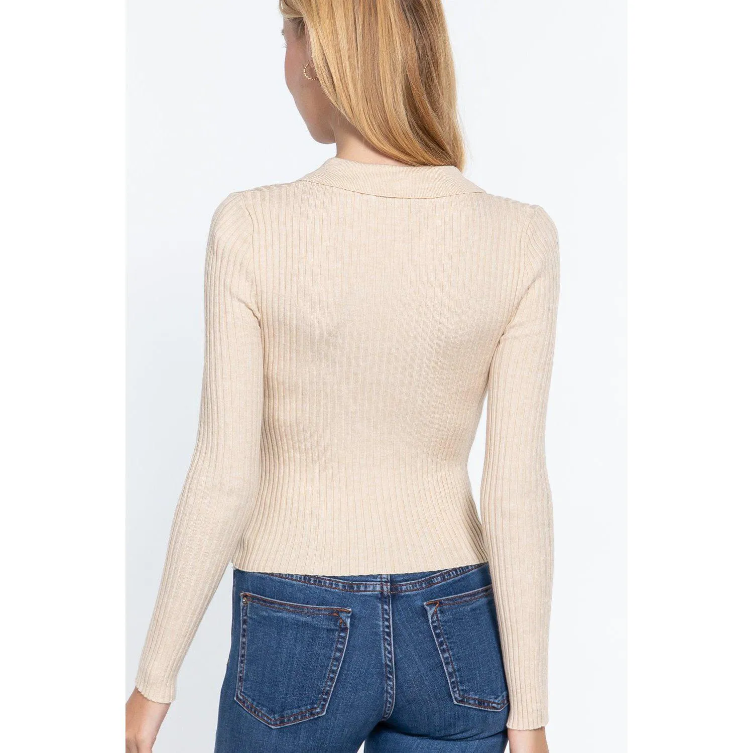 Notched Collar Zippered Sweater