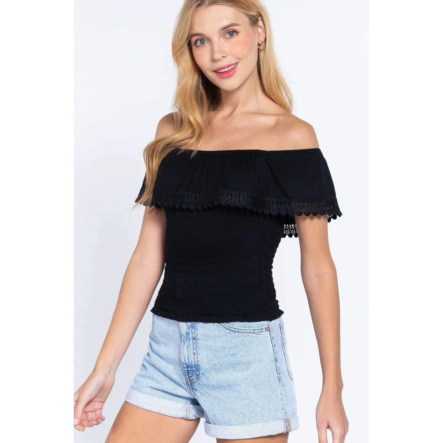 Off Shoulder W/lace Smocked Top