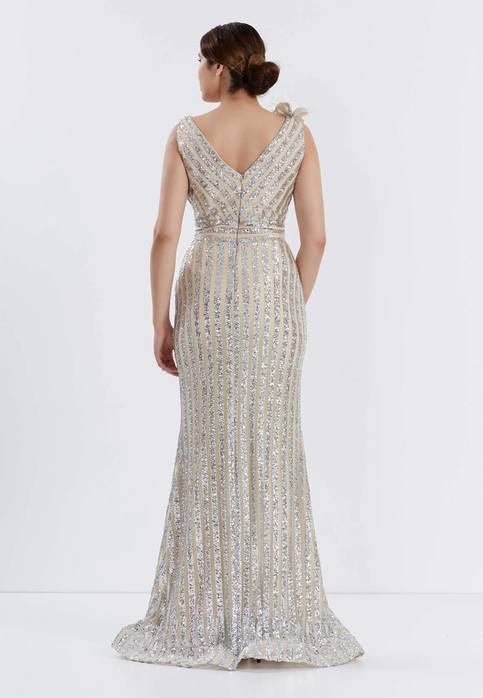 Sleeveless Maxi Sequin Bodycon Evening Dress - Silver Beige