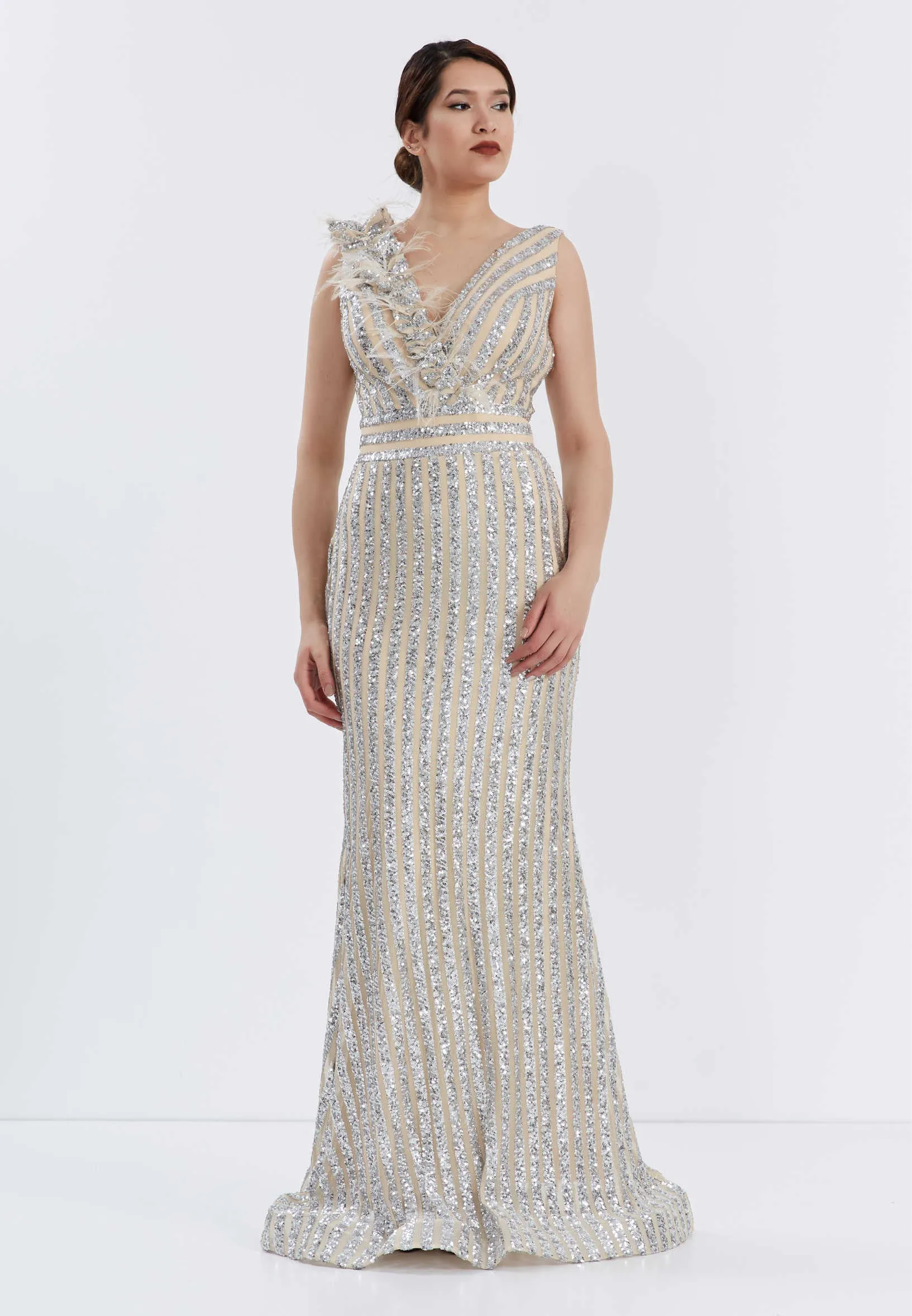 Sleeveless Maxi Sequin Bodycon Evening Dress - Silver Beige