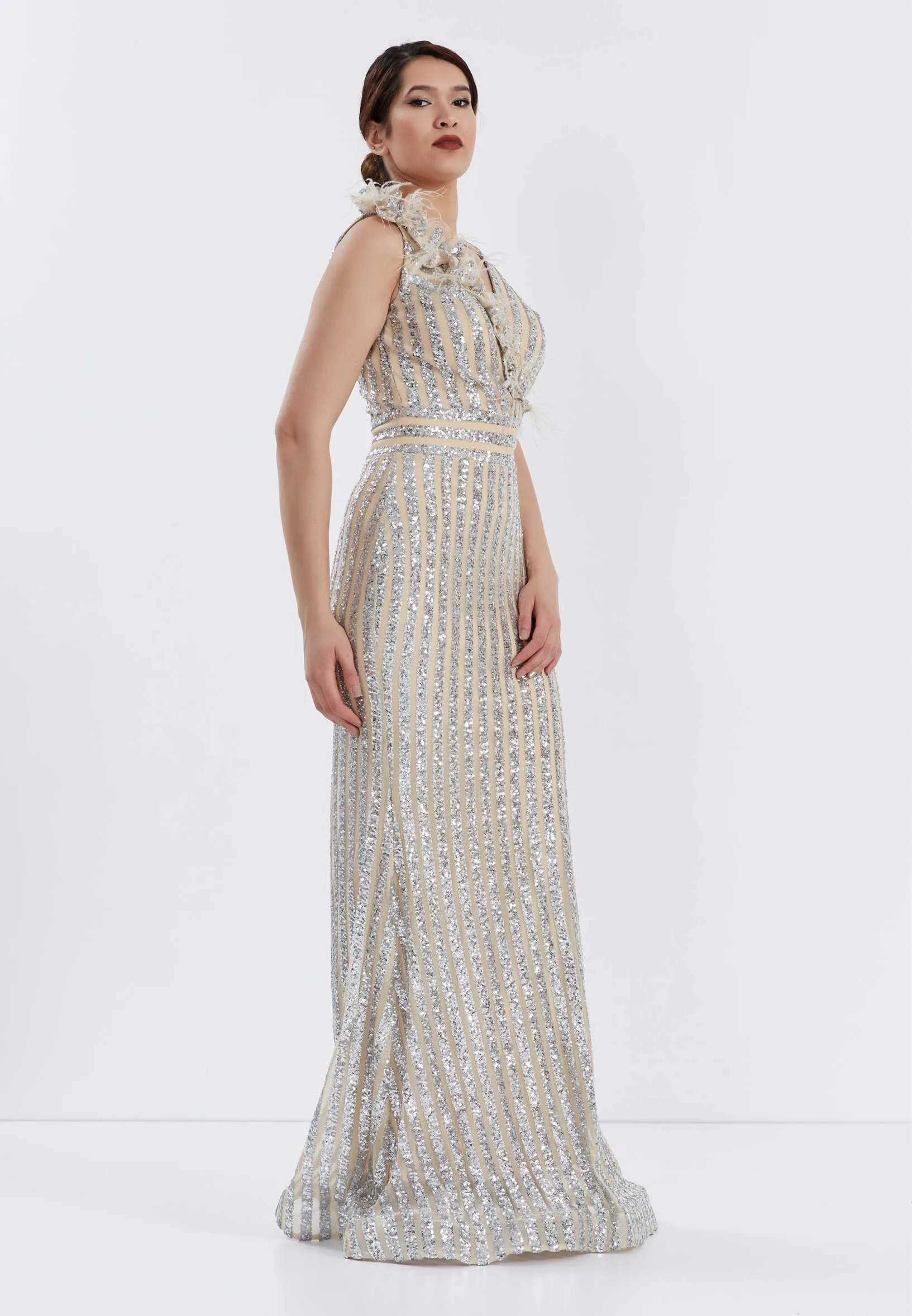 Sleeveless Maxi Sequin Bodycon Evening Dress - Silver Beige