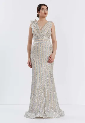 Sleeveless Maxi Sequin Bodycon Evening Dress - Silver Beige