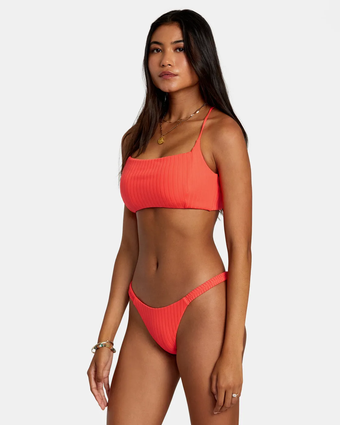 Solid Streak Medium Bikini Bottoms - Neon Red