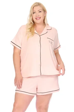 Women's Plus Size "LOVE" Short Sleeve Notch Collar Top and Short Pajama Set