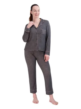 Women's "SLEEP" Long Sleeve Notch Collar Top and Tapered Pants Pajama Set